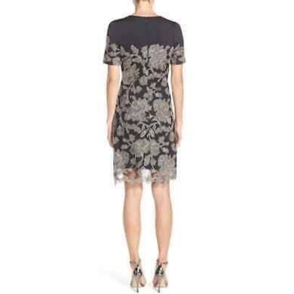 Tadashi Shoji Dress Women 16 Black Gold Embroidered Lace Overlay A-Line - Picture 4 of 12